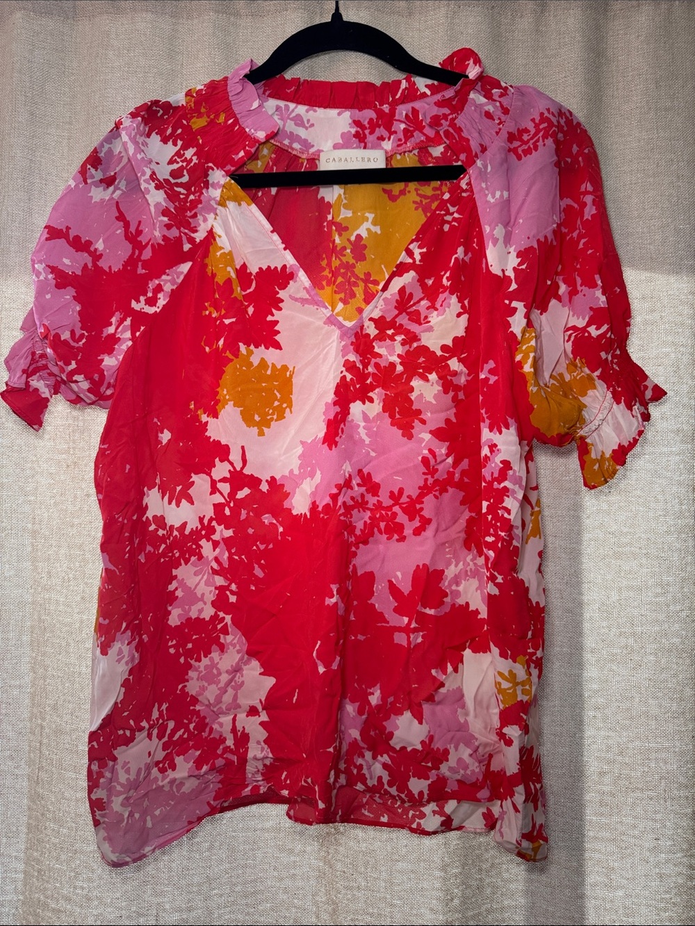 Caballero Pink & Red Floral V-Neck Puff Sleeve Blouse Size Small